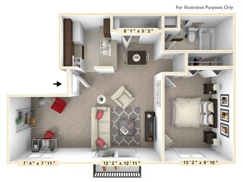 Floor plan for 1 bed, 1 bath, 627 sqft